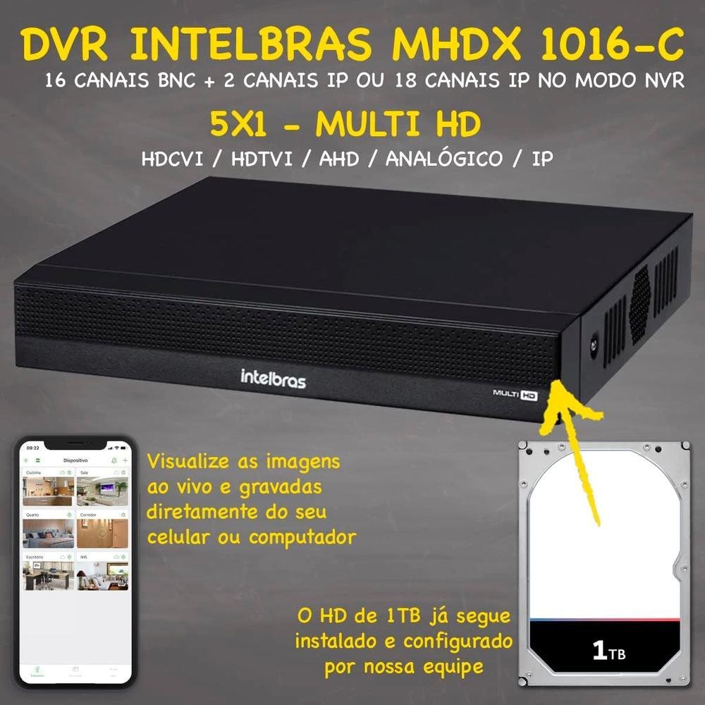 Kit Intelbras Cftv, 10 Câmeras 1120B, 16 Canais 1016 + DVR 1TB