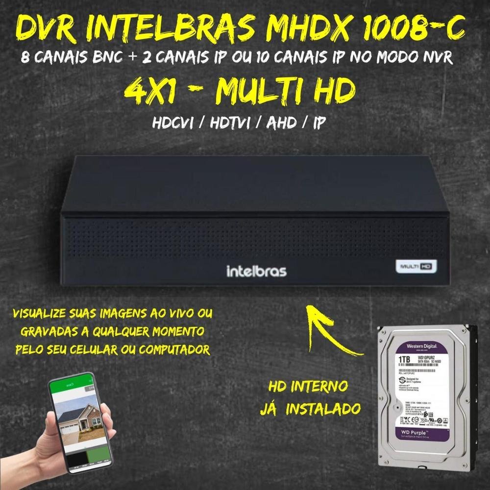 Kit Intelbras, DVR Mhdx 1008-c, 8 Canais, Multi HD + HD 1TB