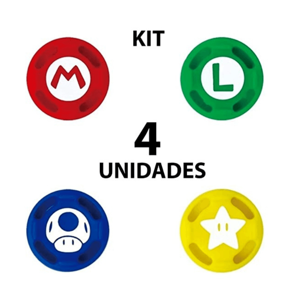 Kit 4 Grips Capa Analógico Radalishop Super Mario, Para Joy-con, Borrachinha, Nintendo Switch Kit 4 Grips Capa Analógico Radalishop Super Mario, Para Joy-con, Borrachinha, Nintendo Switch