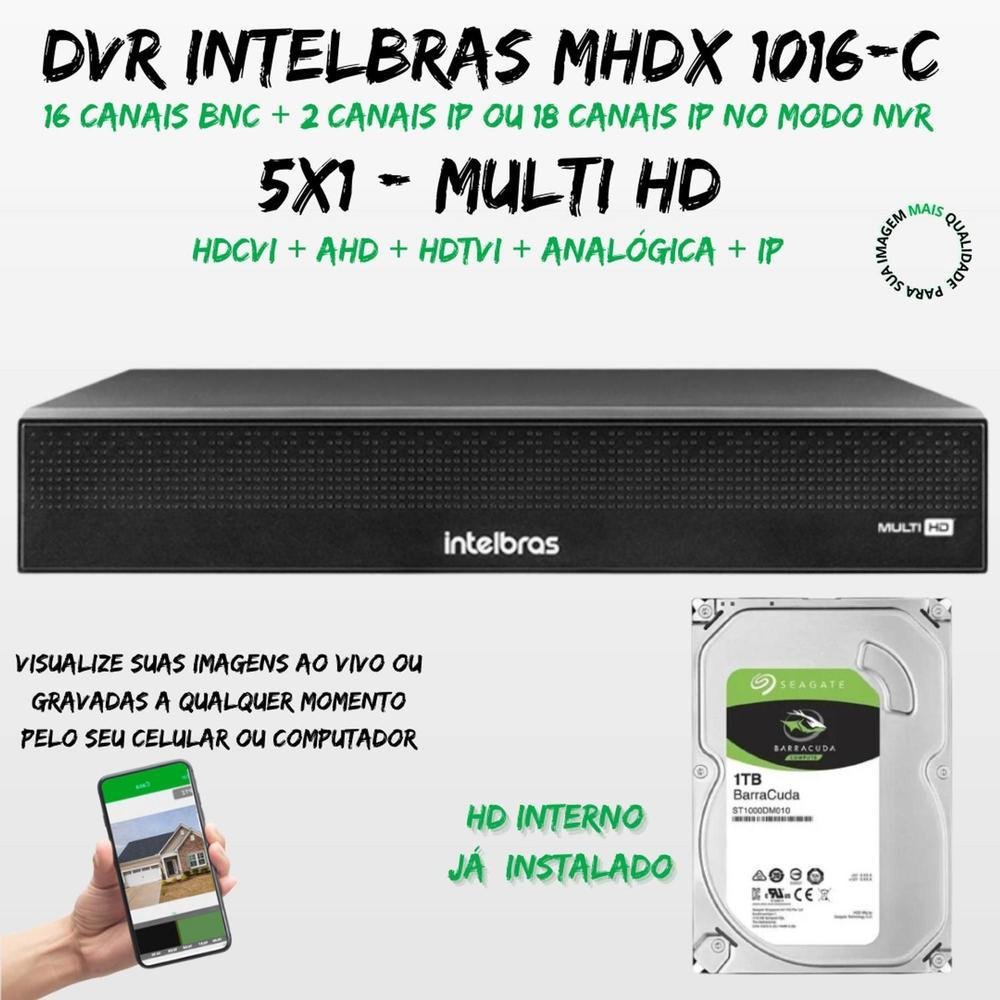 Kit 12 Cameras 1220 Intelbras, FULL Color, Dvr, Mhdx 16 Ch, Color Noite Kit 12 Cameras 1220 Intelbras, FULL Color, Dvr, Mhdx 16 Ch, Color Noite