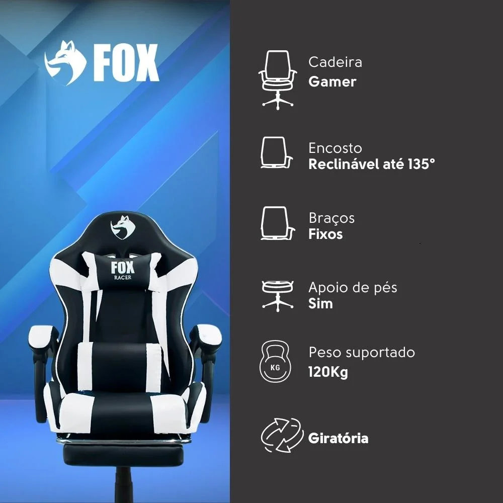 Cadeira Gamer Fox Racer Zerda, Branco, Com Apoio De Pe Cadeira Gamer Fox Racer Zerda, Branco, Com Apoio De Pe