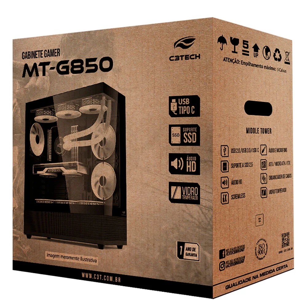 Gabinete Gamer C3tech, Mid Tower, RGB, Com Fan, Lateral e Frontal Em Vidro - Mt-g850bk Gabinete Gamer C3tech, Mid Tower, RGB, Com Fan, Lateral e Frontal Em Vidro - Mt-g850bk