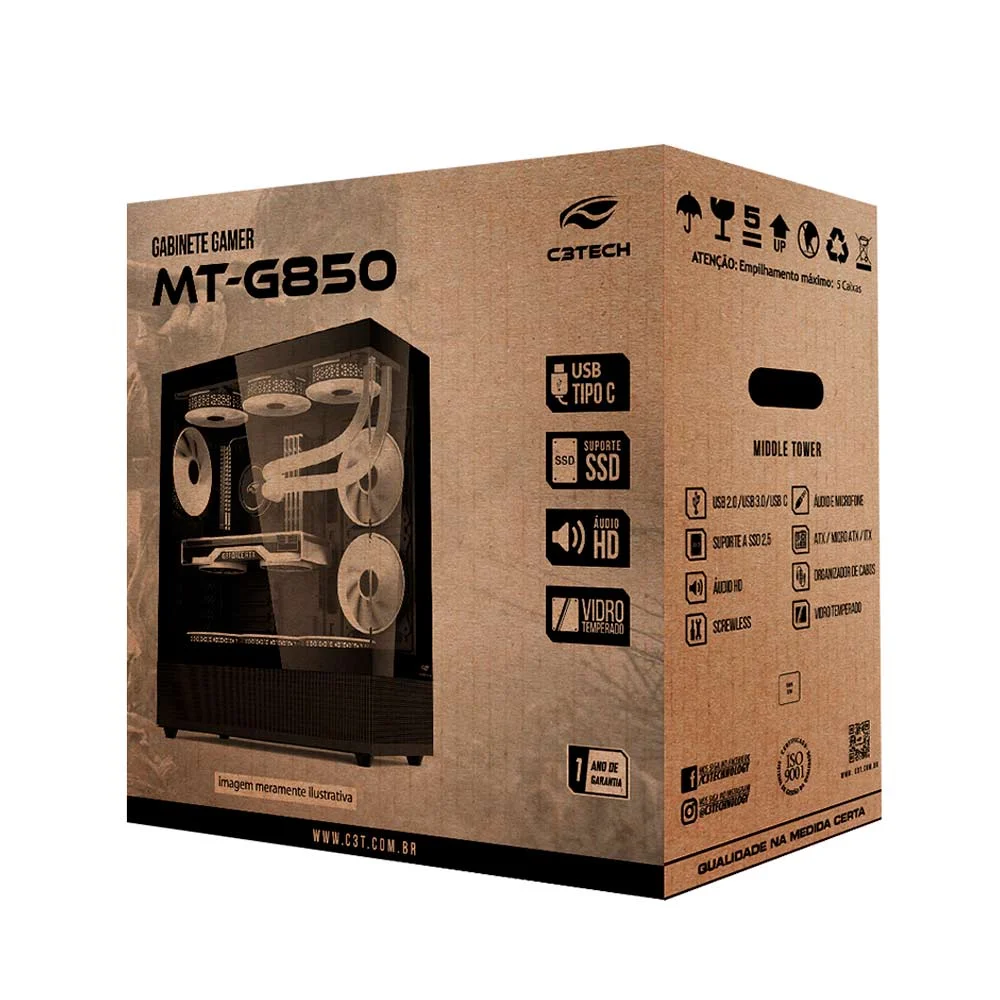 Gabinete Gamer C3tech, Mid Tower, RGB, Com Fan, Lateral e Frontal Em Vidro - Mt-g850bk Gabinete Gamer C3tech, Mid Tower, RGB, Com Fan, Lateral e Frontal Em Vidro - Mt-g850bk