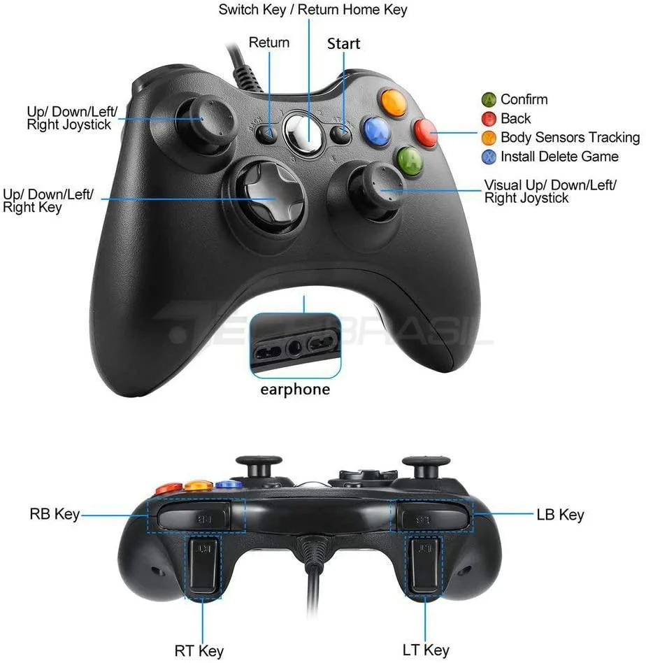 Controle Usb Com Fio Compatível Com XBOX 360 Computador Notebook Preto