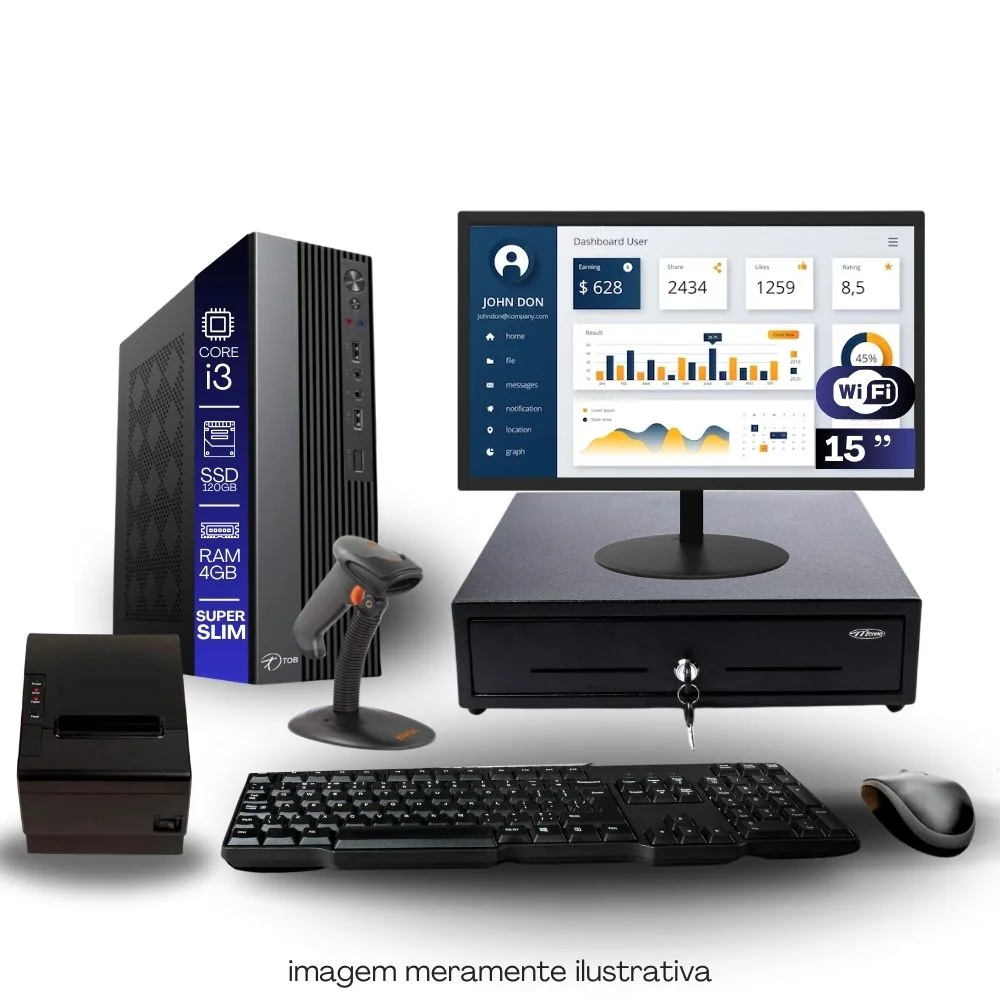 Kit Automação Pdv Tob Intel I3 4gb SSD 120GB Win10 Rede S/fio Teclado Mouse Monitor 15" Gaveta Dinheiro Impressora Térmica Leitor Código De Barras.