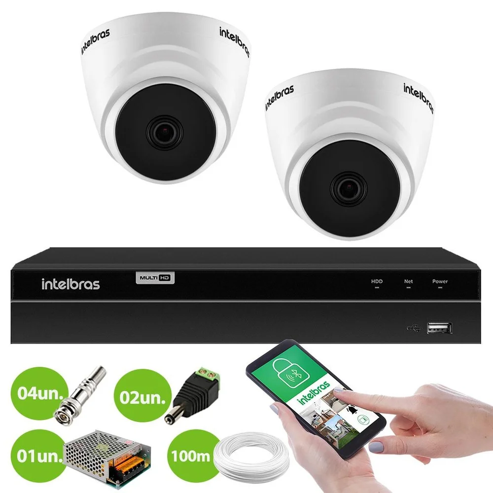 Kit 2 Câmeras Dome Vhl 1220 D G2 Hdcvi 2mp Full Hd 1080p + Dvr  Intelbras Mhdx 1204 4 Canais H.265+
