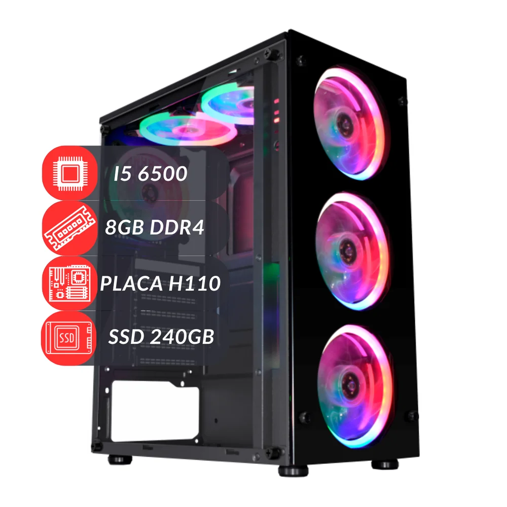 PC Computador Gamer Com Fans RGB i5 6500 Placa H110 8GB Ddr4 SSD 240GB 500w