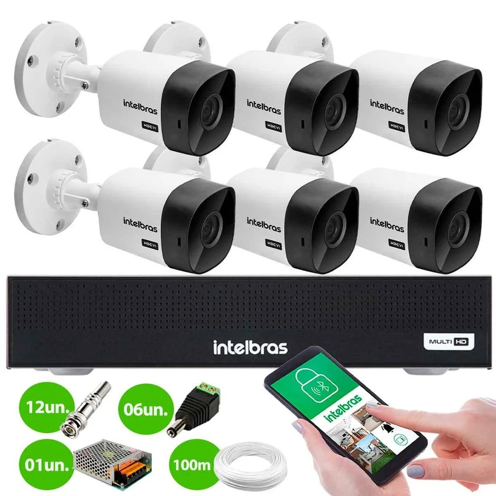 Kit 6 Câmeras Intelbras Vhc 1120 B Hd 720p Visão Noturna 20m + Dvr Digital De Vídeo Mhdx 1008-c