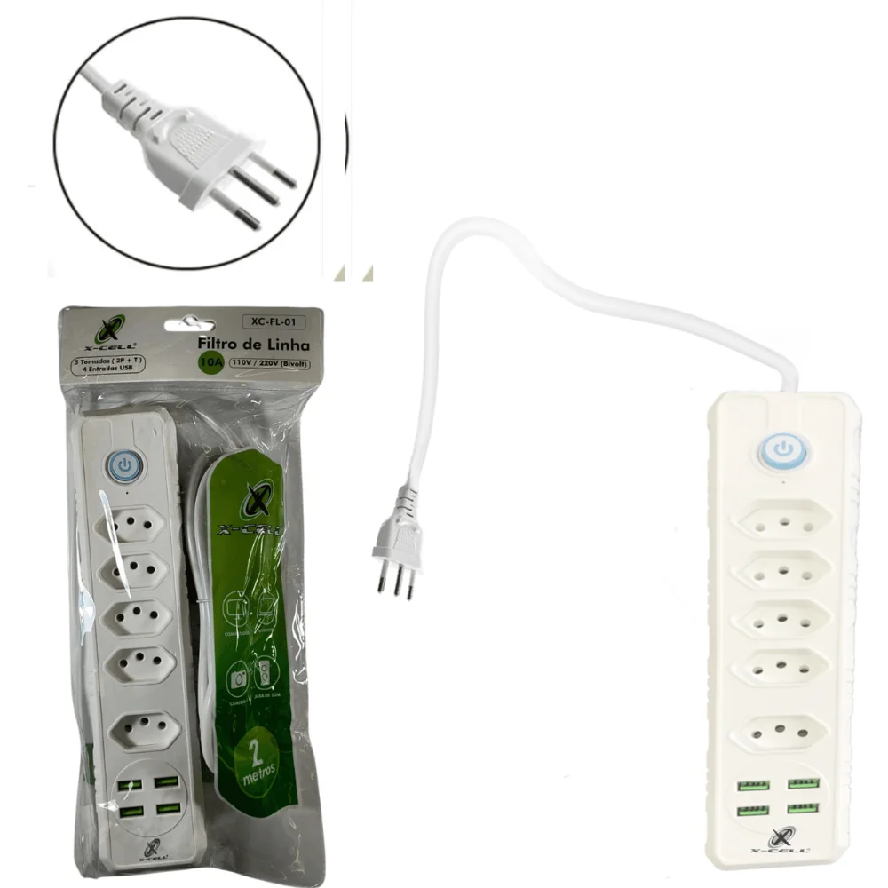 Filtro De Linha Bivolt 10a Cabo 2m 5 Tomadas 4 Usb Xc-fl-01 X-cell