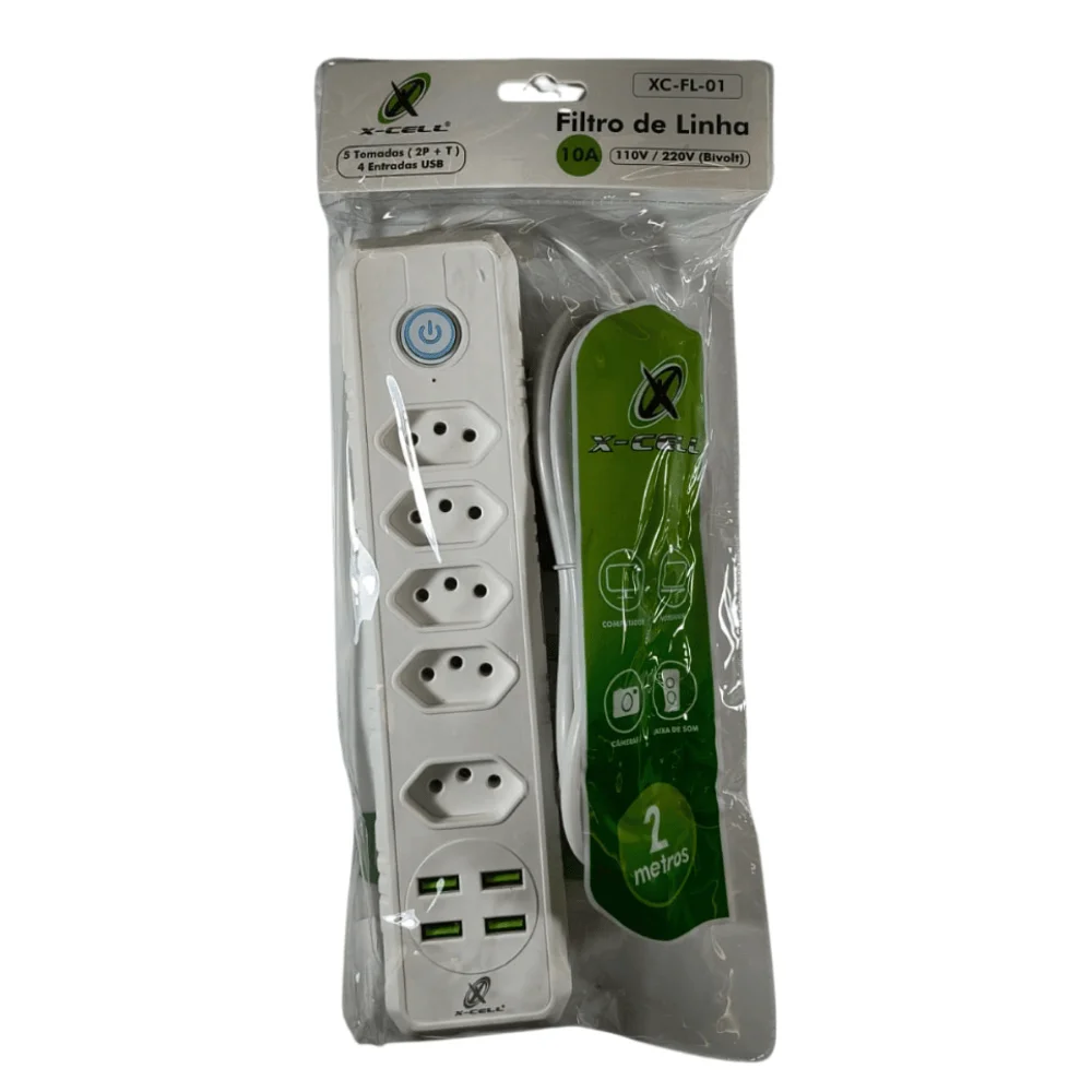 Filtro De Linha Bivolt 10a Cabo 2m 5 Tomadas 4 Usb Xc-fl-01 X-cell