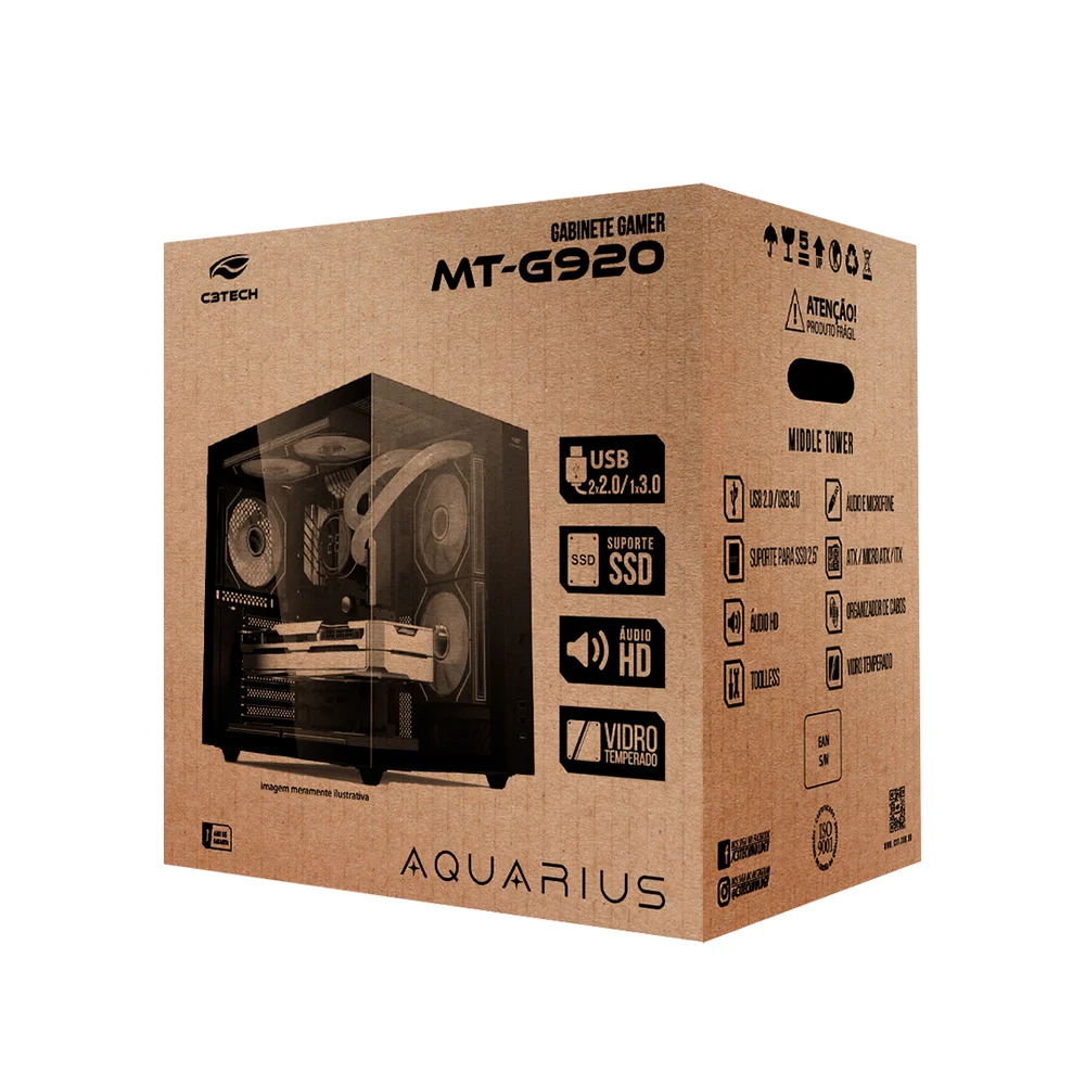 Gabinete Gaming C3tech Aquarius Com Vidro Temperado Sem Fonte - Mt-g920bk
