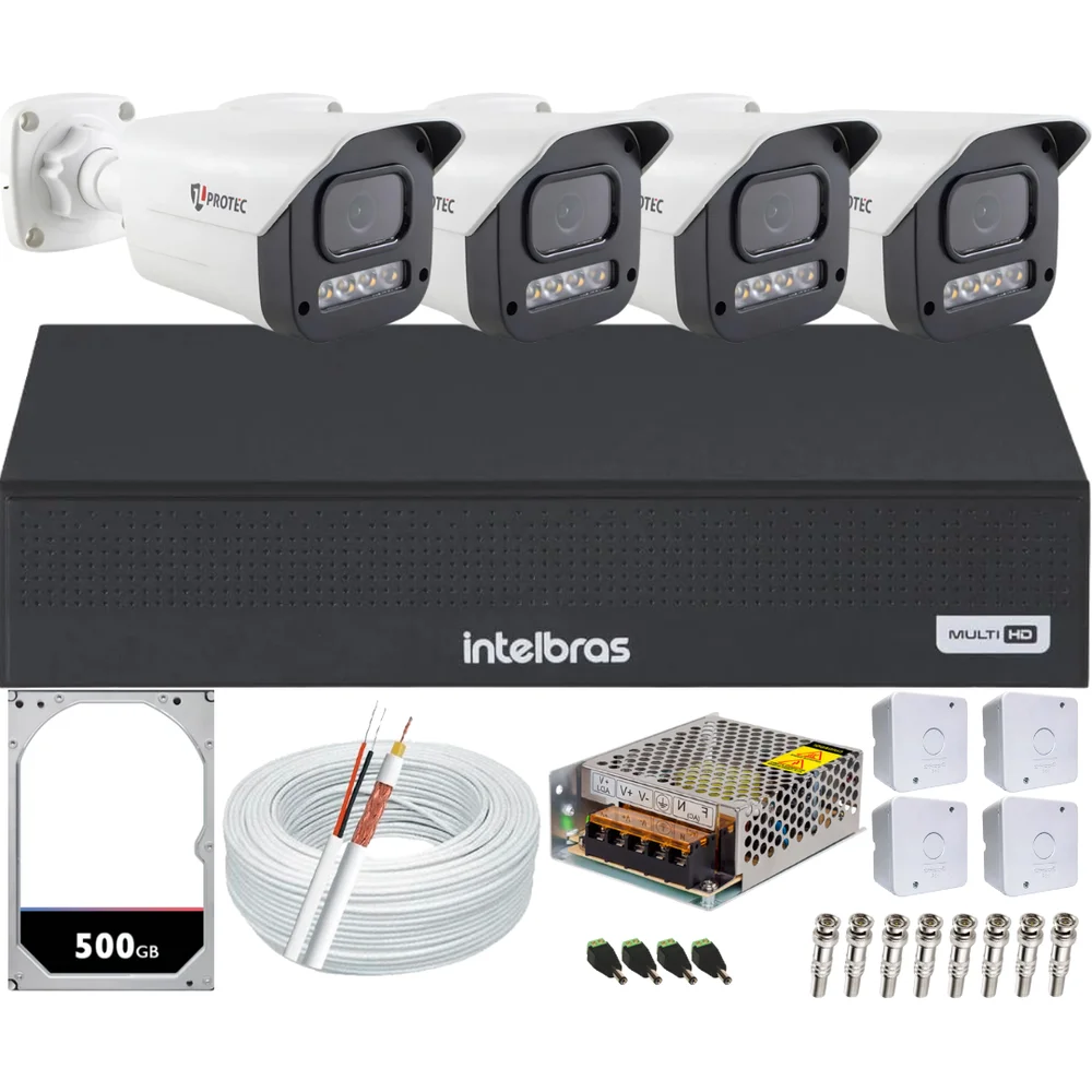 Kit 4 Câmeras 1080p Full Color C/áudio Dvr Intelbras 4ch 500gb