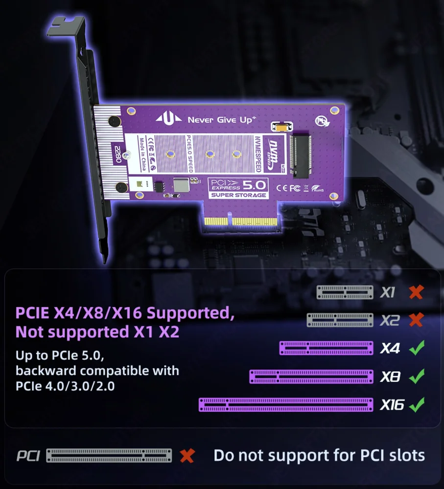 Placa Adaptadora SSD M2 Nvme Gen5 Para PCi-e 5.0 X4/x8/x16 128GBps Placa Adaptadora SSD M2 Nvme Gen5 Para PCi-e 5.0 X4/x8/x16 128GBps