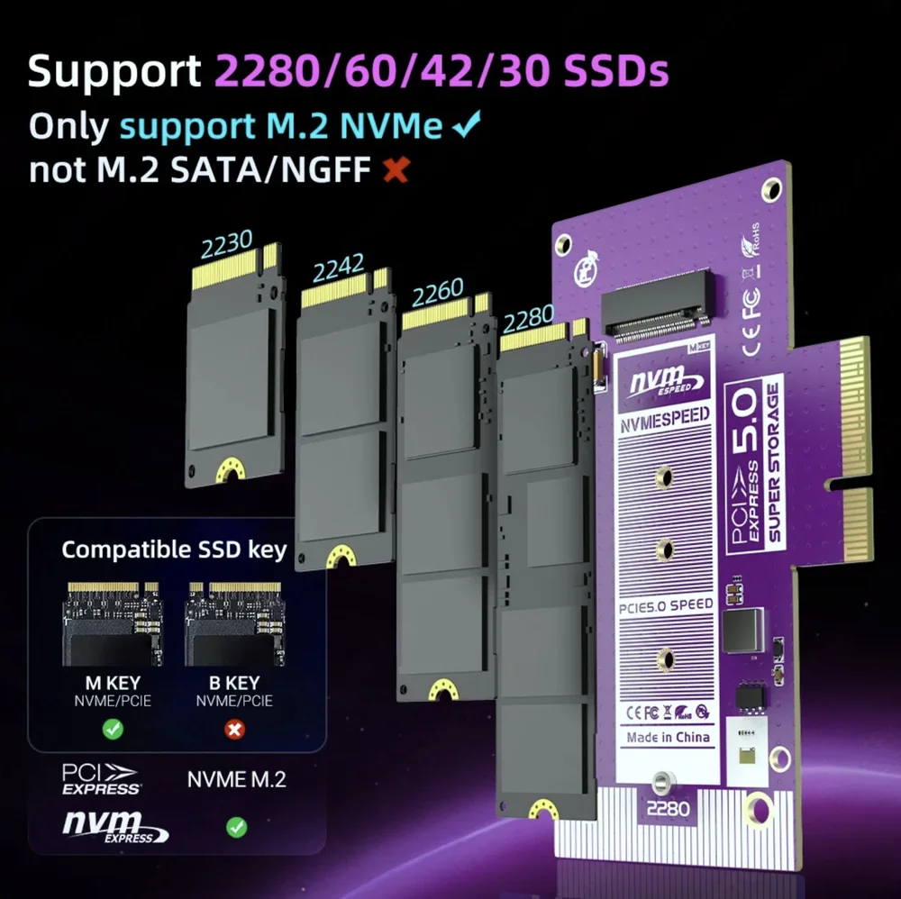 Placa Adaptadora SSD M2 Nvme Gen5 Para PCi-e 5.0 X4/x8/x16 128GBps Placa Adaptadora SSD M2 Nvme Gen5 Para PCi-e 5.0 X4/x8/x16 128GBps