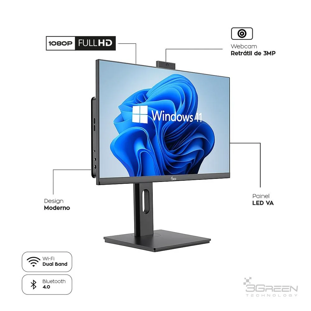"Computador All In One 24"" Preto, Intel i3 9100, 16gb, SSD 512gb, WINDOWS 11  , Webcam, Wi-fi, 3green Unique" em Campinas - foto 3
