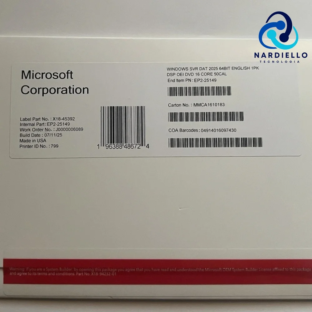 Windows Server 2025 Datacenter 16 Core - Licença COEM - Licença Mídia física 64bits (Produto Físico) Windows Server 2025 Datacenter 16 Core - Licença COEM - Licença Mídia física 64bits (Produto Físico)